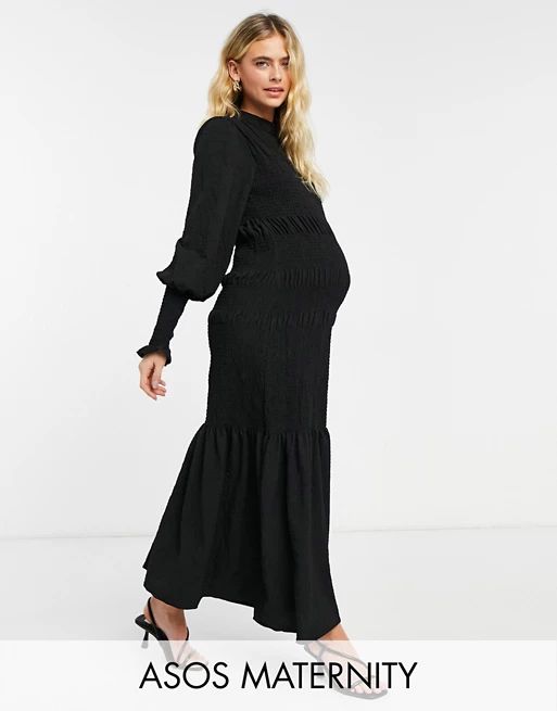 ASOS DESIGN Maternity shirred pep hem midi dress in black | ASOS (Global)