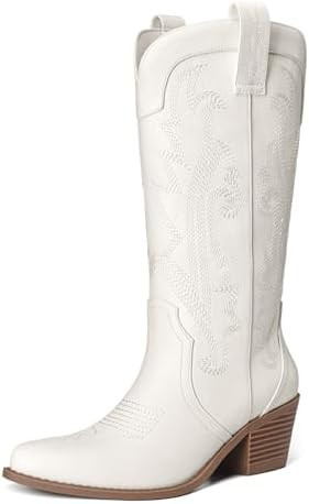 Athlefit Women's Embroidered Western Cowboy Boots Fashion Pointed Toe Chunky Heel Mid Calf Cowgir... | Amazon (US)