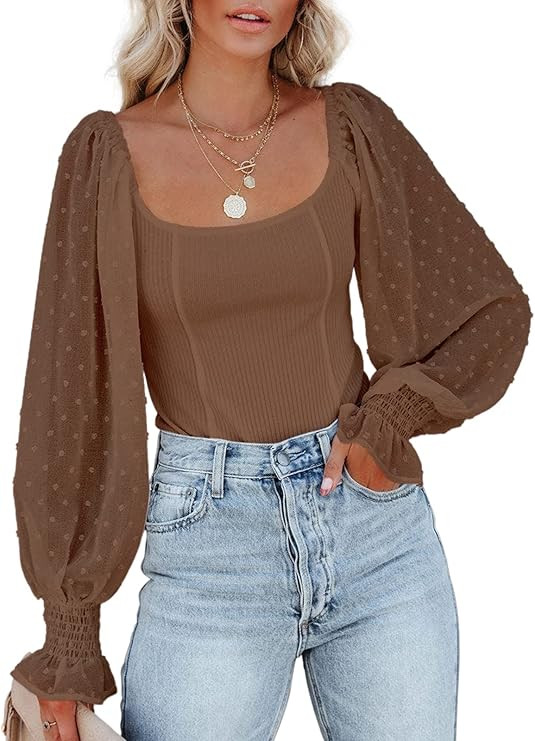 SENSERISE Womens Mesh Long Puff Sleeve Top Off Shoulder Square Neck Slim Knit Ribbed Tops Blouses | Amazon (US)