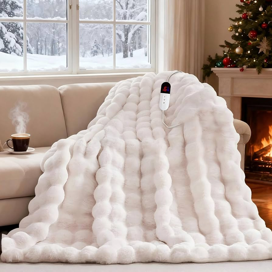 Heated Blanket Throw with 6 Fast Heating Levels,4 Hours Auto-Off,50x60 Cozy Faux Rabbit Fur Bubbl... | Amazon (US)