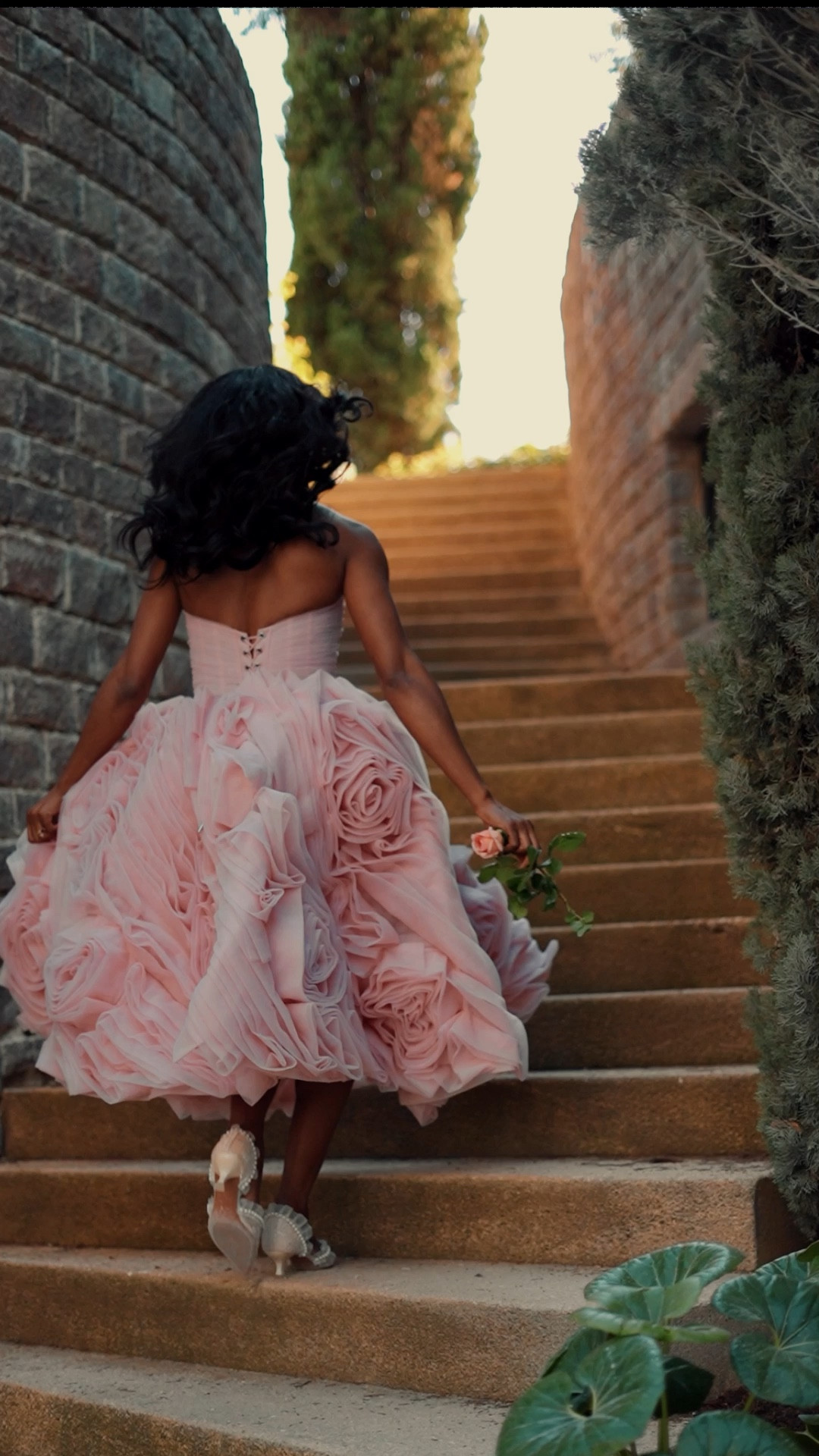open lace back dress DRAMATICALLY MISTY PINK FLOWERED TULLE DRESS