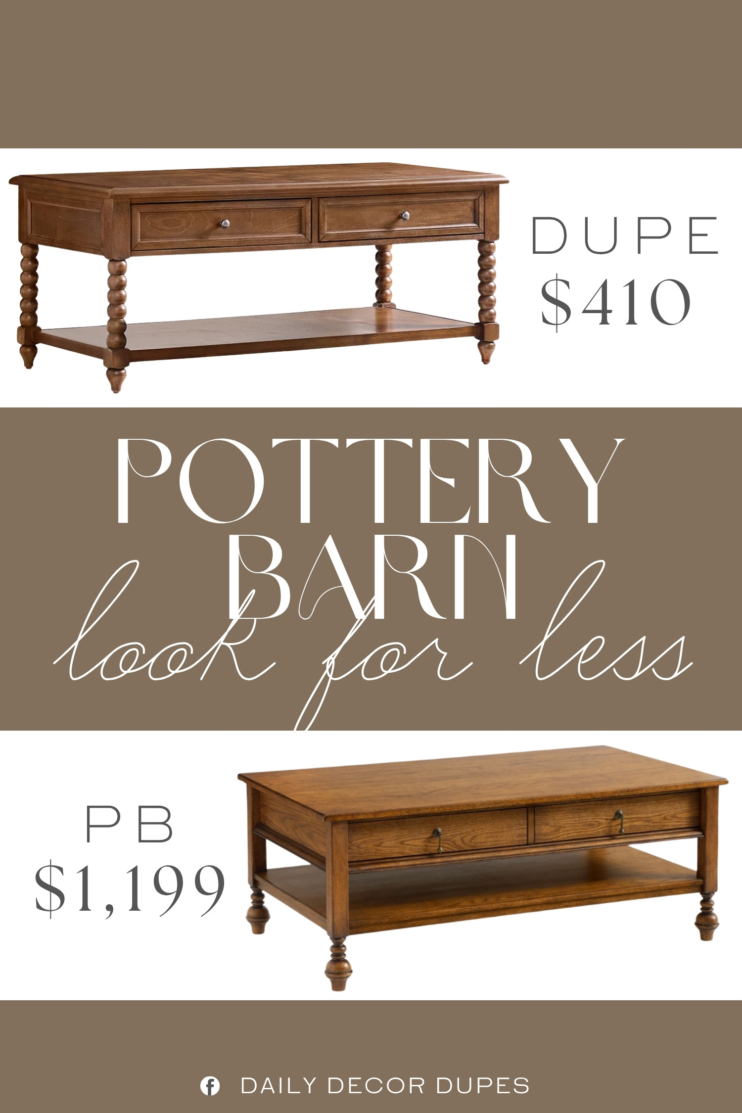 Love the timeless look of the Pottery Barn Summerville Rectangular Coffee Table but looking for a more budget-friendly option? 🤎 This beautiful wood coffee table has the classic details we love, including a warm finish, turned legs, spacious lower shelf, and traditional farmhouse-inspired style. It’s such a gorgeous choice for a living room coffee table, traditional home decor, farmhouse living room, vintage-inspired interiors, or cozy neutral spaces. If you love the Pottery Barn aesthetic, this affordable find is definitely worth adding to your home decor wishlist. 🛋️🤎✨

Home more affordable option find similar look for less budget friendly affordable cheap cheaper beautiful pretty. Clearance sale coupon code discount code promo code luxury Inspo inspiration inspired by idea ideas Love like these? I share multiple every day in my FB group.
#PotteryBarnInspired #CoffeeTable #WoodCoffeeTable #LivingRoomDecor #TraditionalHomeDecor #FarmhouseDecor #AffordableHomeDecor #FurnitureFinds 

 #LTKHome