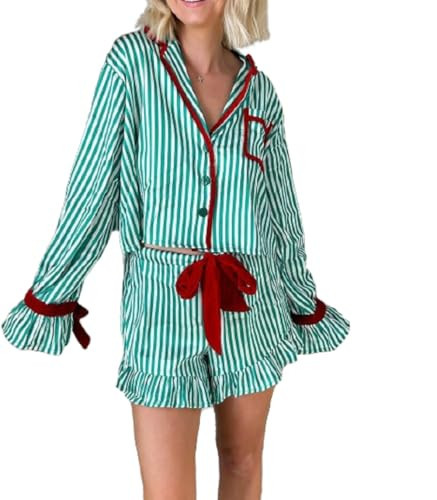 Luckinbaby Women Bow Christmas Satin Pajamas Set Xmas Striped 2 Piece Loungewear Long Sleeve Button Down Ruffle Shorts Set(Striped Green,Small) | Amazon (US)