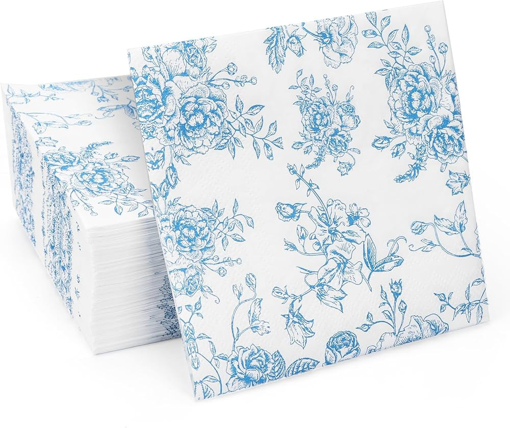 Amazon.com: 100 Pack Blue Floral Cocktail Napkins, Guest Hand Towels Disposable for Bathroom, Blu... | Amazon (US)
