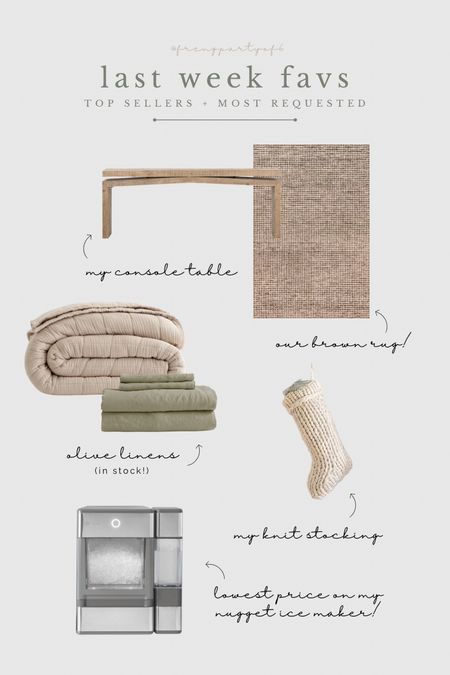 Last week’s best sellers and favorites! My wood console table, brown checkered rug (use code CFRENG15 at checkout to save), my quilt and olive bedding (in stock in moss!), my knit stocking is on sale for $29, and lowest price on my nugget ice maker!

#LTKHoliday #LTKsalealert #LTKhome
