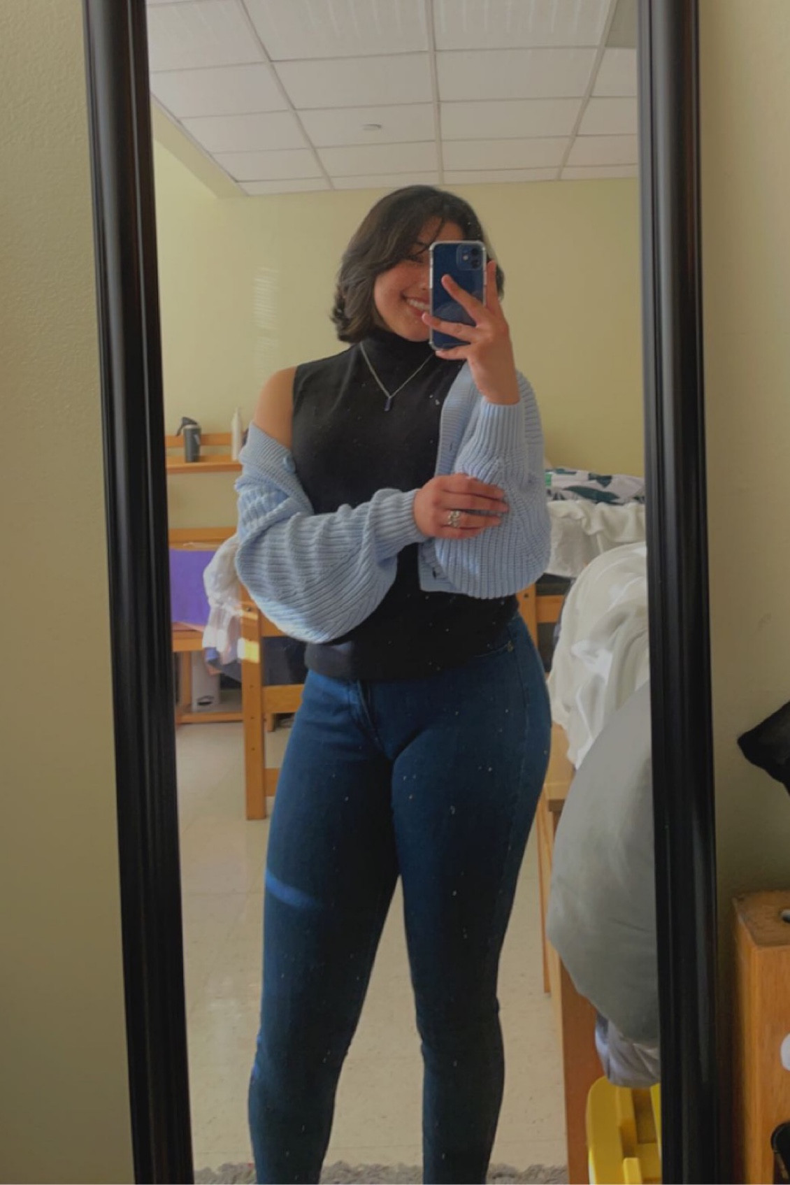 Light blue baby blue crochet cropped cardigan sweater knit polyester black sleeveless fitted turtleneck tank top vertical bar necklace rectangle sterling silver dainty fall winter blue outfit minimalist pendant 

#LTKSeasonal #LTKfit #LTKstyletip