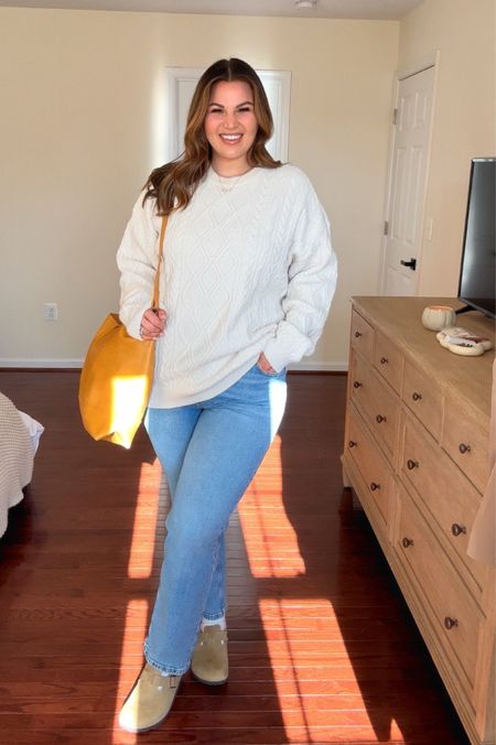 Chaneling my inner Rory Gilmore in this comfy fall outfit! 🍁 Bralette - size XL *use code KELLYELIZXSPANX to save Sweater - size XXL
 Jeans - size 14 
Clogs - size 10-10.5 

Midsize outfit, fall outfit, fall sweater, Amazon sweater, Boston clogs, midsize, jeans

#LTKmidsize #LTKstyletip #LTKSeasonal