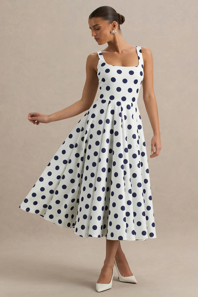 Berta | White And Navy Polka-Dot Square-Neck Midi Dress | Club L London