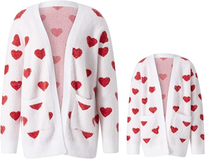 Mommy and Me Valentines Day Sweater Heart Print Family Matching Long Sleeve Open Front Cute Cardi... | Amazon (US)