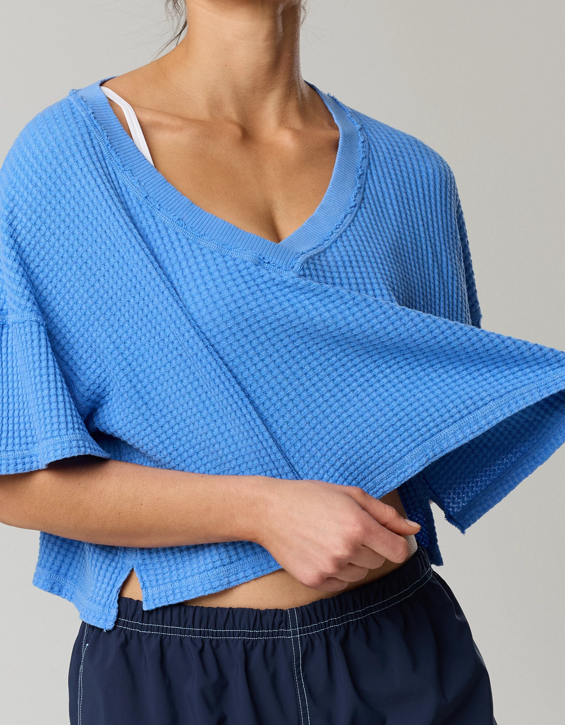 OFFLINE By Aerie Wow! Waffle V Neck Cropped Short Sleeve T-Shirt | Aerie