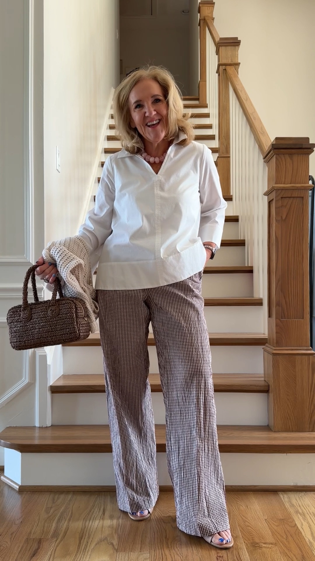 Target pants a size down to a small
White blouse size medium is a swing style perfect for leaving untucked. I love the crisp white against the brown deer sucker pants
Bag is also target it’s a really cute satchel
Pants I will need to wear a heel or hem them. I am 5 foot three.