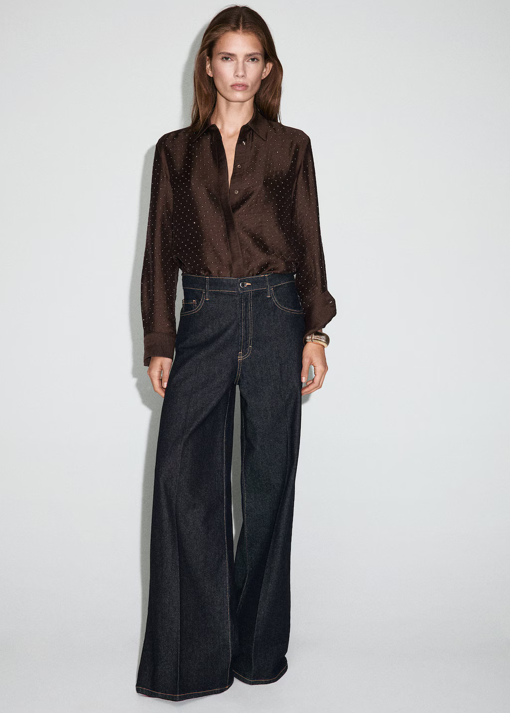 Satin shirt with rhinestones brown - Woman - 6 - MANGO | Mango (US/MX/AU)