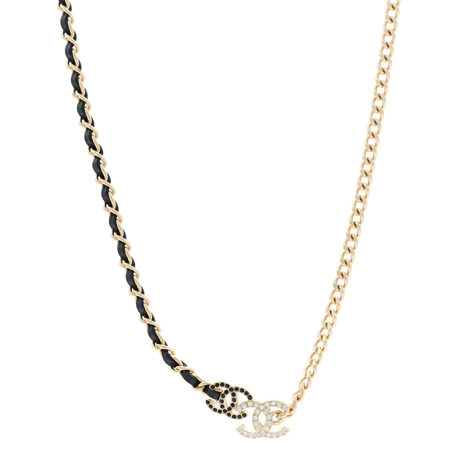 Metal Calfskin Crystal Double CC Short Necklace Black Gold | FASHIONPHILE (US)