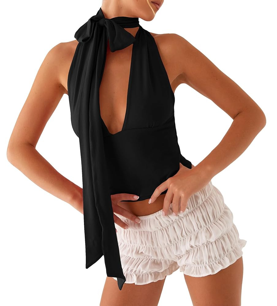Women Y2k Sexy Deep V Neck Crop Halter Tops with Long Scarf Coquette Self Bow Tie Up Open Back Ta... | Amazon (US)