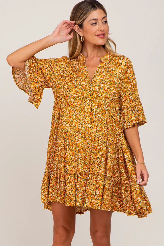 Yellow Floral Ruffle Sleeve Tiered Maternity Dress | PinkBlush Maternity