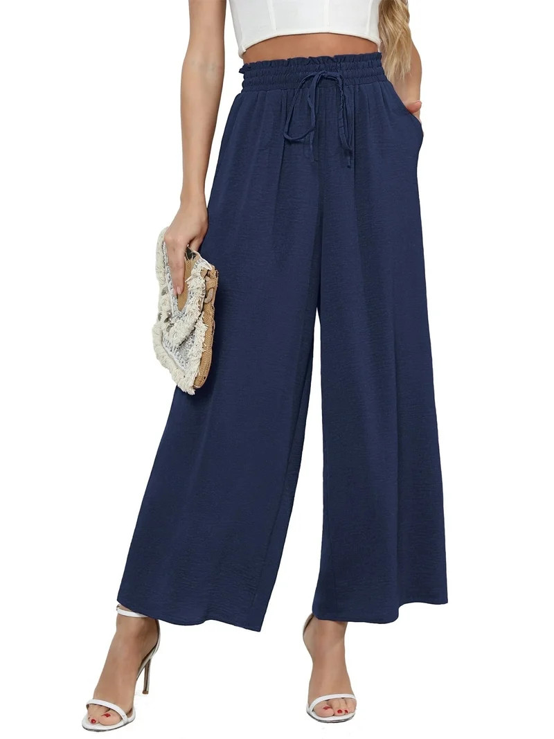 Uvplove Women's Wide Leg Trousers Palazzo Pants Drawstring Waist Summer Loose Trousers with Pocke... | Walmart (US)