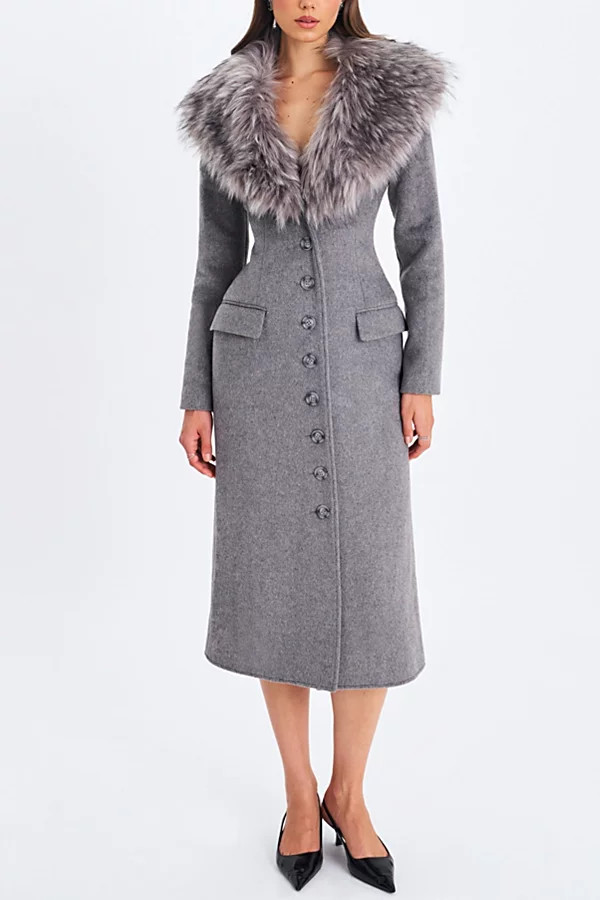 Miss Circle Faye Wool Blend Faux Fur Collared Coat Jacket in Grey, Women's at Urban Outfitters | Urban Outfitters (US and RoW)