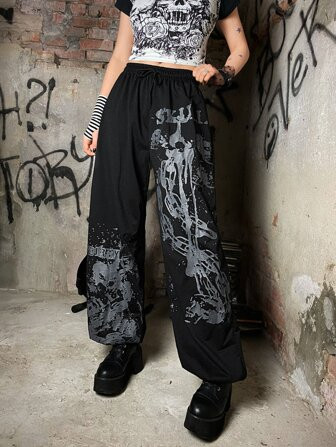 Grunge Punk Chain & Skull Graphic Sweatpants | SHEIN