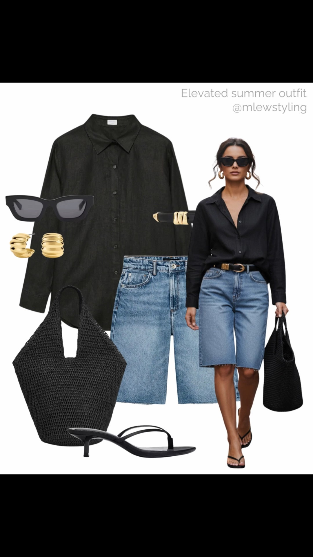 Elevated summer outfit with jean shorts ✨

Tags: Aritzia black button down, long jean shorts, old money style, capsule wardrobe, black raffia bag, kitten heel sandals, quince sunglass, neutral outfit

#LTKsummer #LTKstyletip #LTKbag
