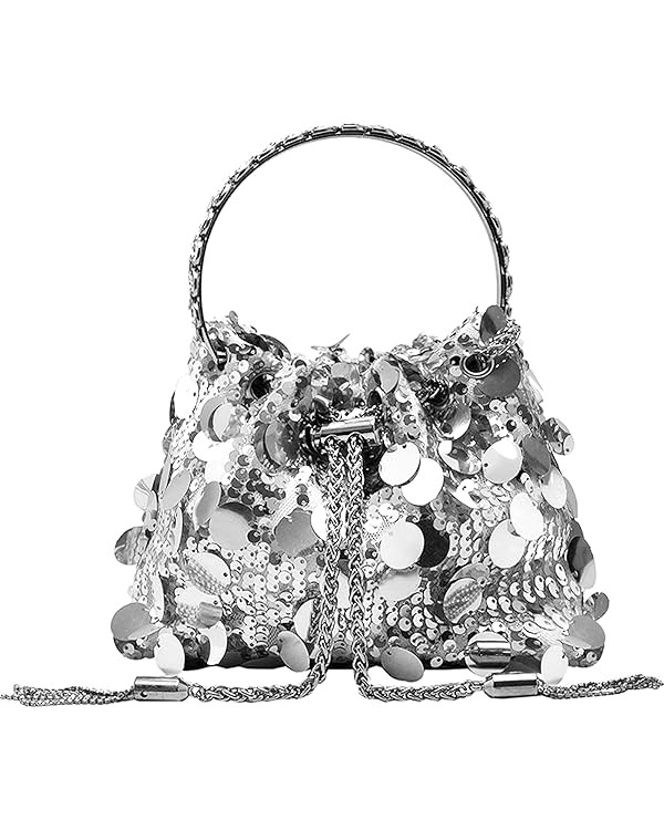 QZUnique Rhinestone/Sequin Bucket Bag with Jewelry Set Women Silver Bling Evening Handbag Glitter... | Amazon (US)
