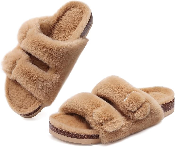 KIDMI Fuzzy Slippers Women with Cork Footbed Fluffy Slide Sandals Open Toe Indoor House Shoes | A... | Amazon (US)