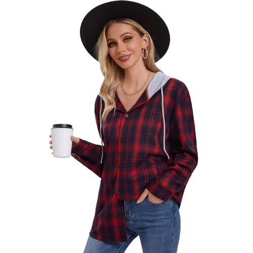 Women's Plaid Flannel Shirts Hooded Button Down Blouse with Pockets Red Small | Amazon (US)