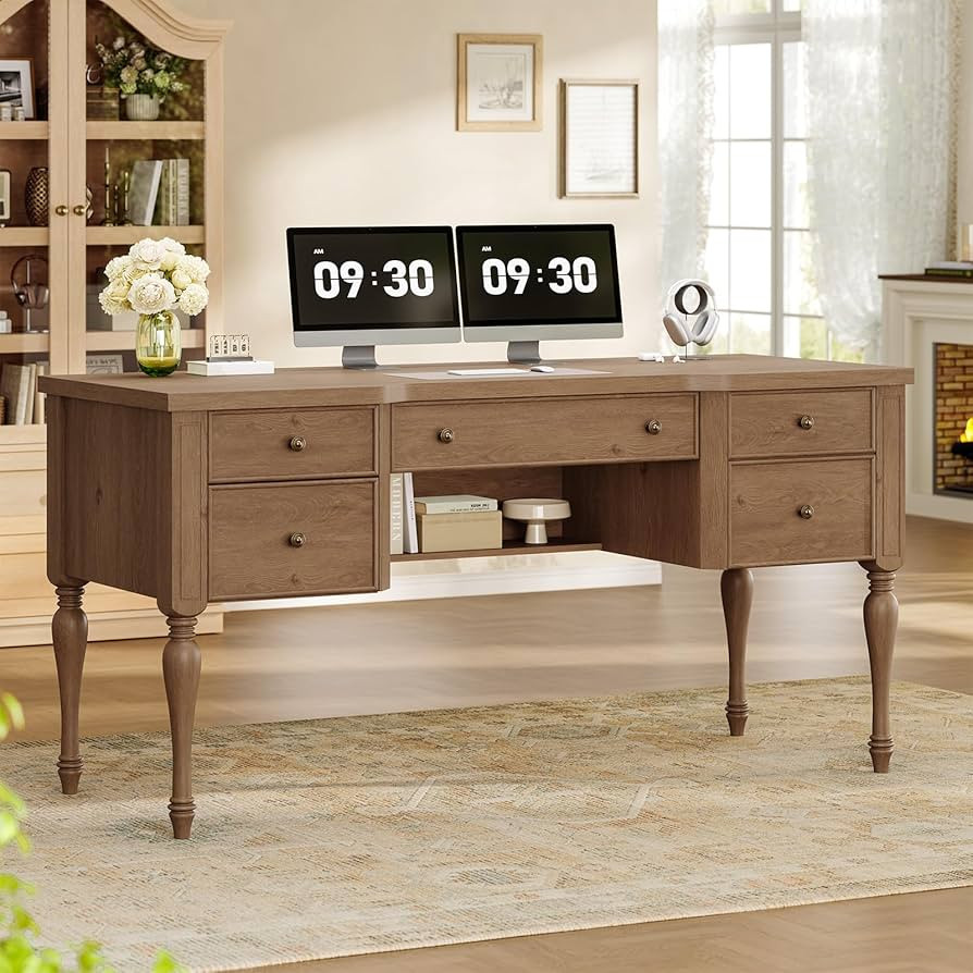 59in Wood Executive Desk with 4 Drawers, Farmhouse Home Office Desks with File Cabinet & Keyboard... | Amazon (US)