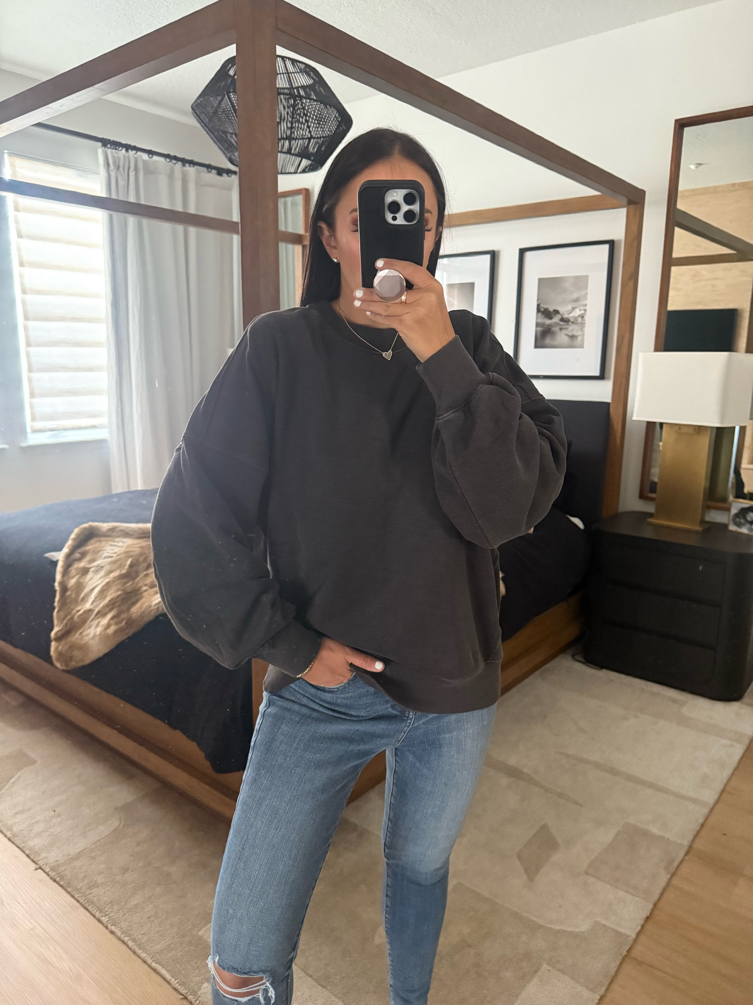 Essential Oversized Sunday Crew wearing size medium. Mid Rise Dark Wash Ripped Hem Skinny - wearing size 4. High Waisted Light Wash FlexX Ripped Skinny Jeans wearing size small. 