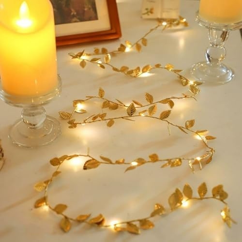 2Pack LED Gold Leaves Vine String Light 32.8Ft 100 LED Warm White Tiny Leaf Garland Battery Power... | Amazon (US)