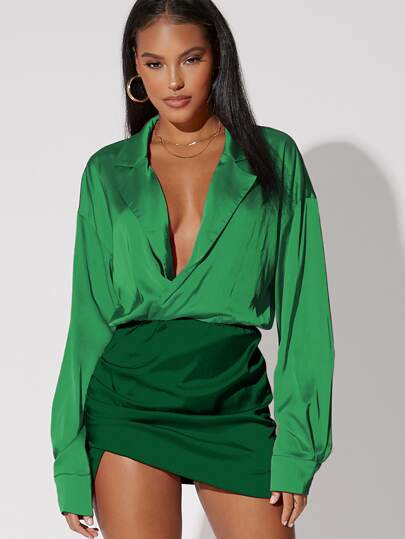 SHEIN BAE Colorblock Drop Shoulder Lapel Neck Dress | SHEIN