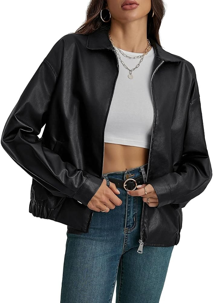 MakeMeChic Women's Faux Leather Shacket Long Sleeve Zip Up Motorcycle Jacket Biker Coat | Amazon (US)