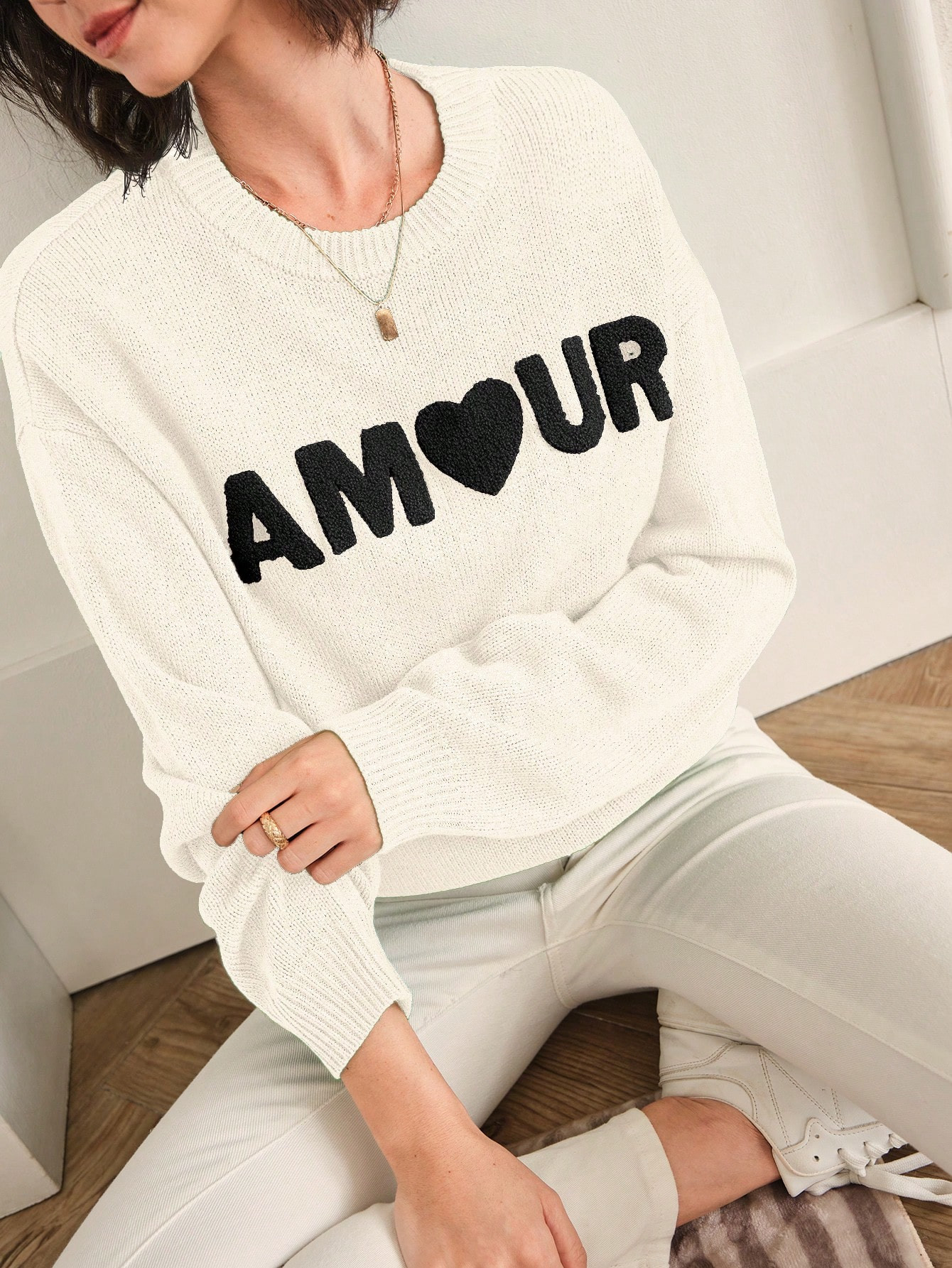 SHEIN Frenchy Women's Long Sleeve Round Neck Sweater With Letter Pattern | SHEIN