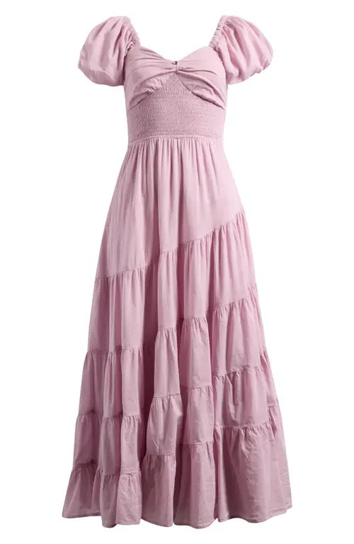 Free People Sundrenched Smocked Puff Sleeve Maxi Dress in Dawn Pink at Nordstrom, Size Large | Nordstrom