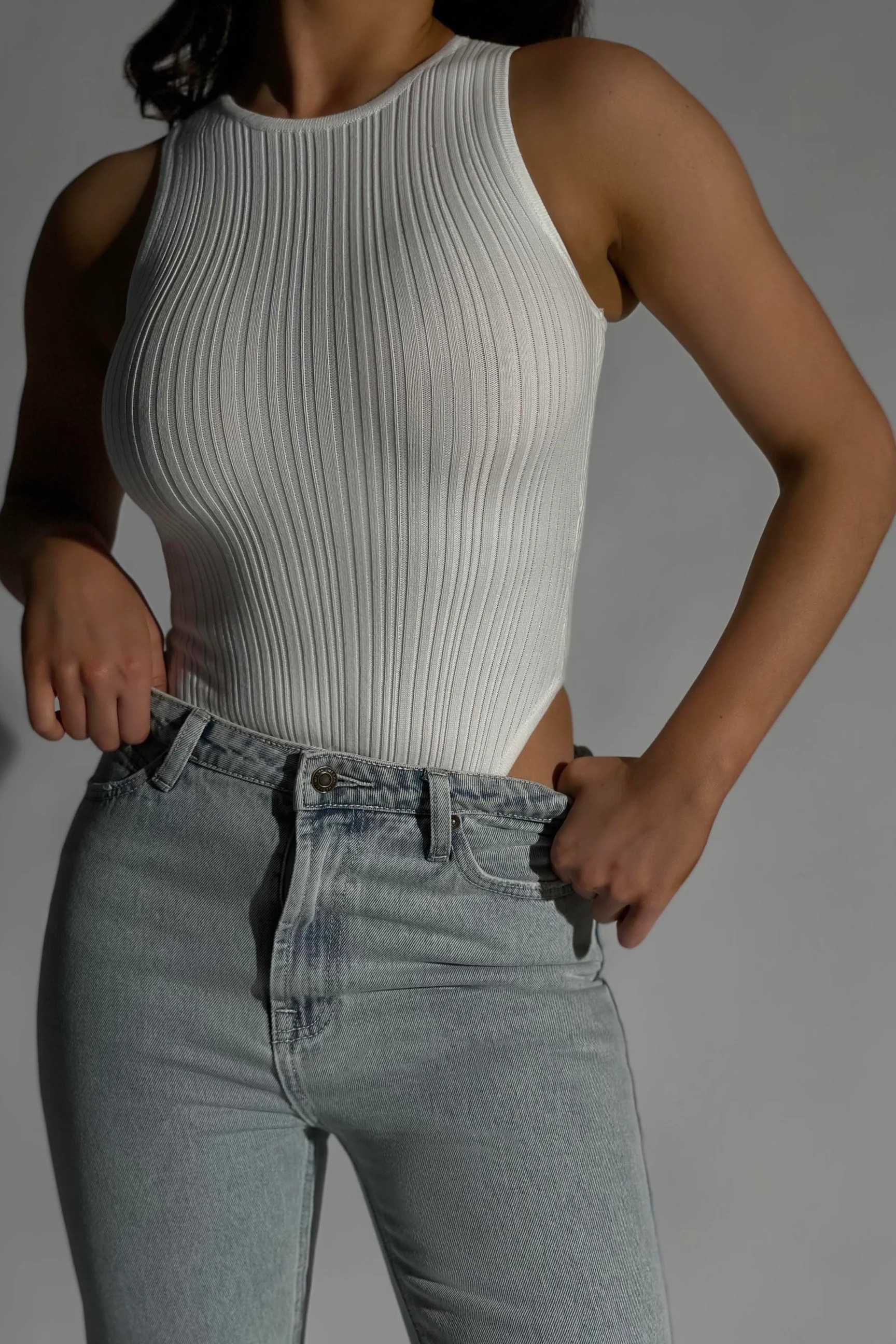 Louisa Recycled Sleeveless Knit Bodysuit - White | MESHKI US