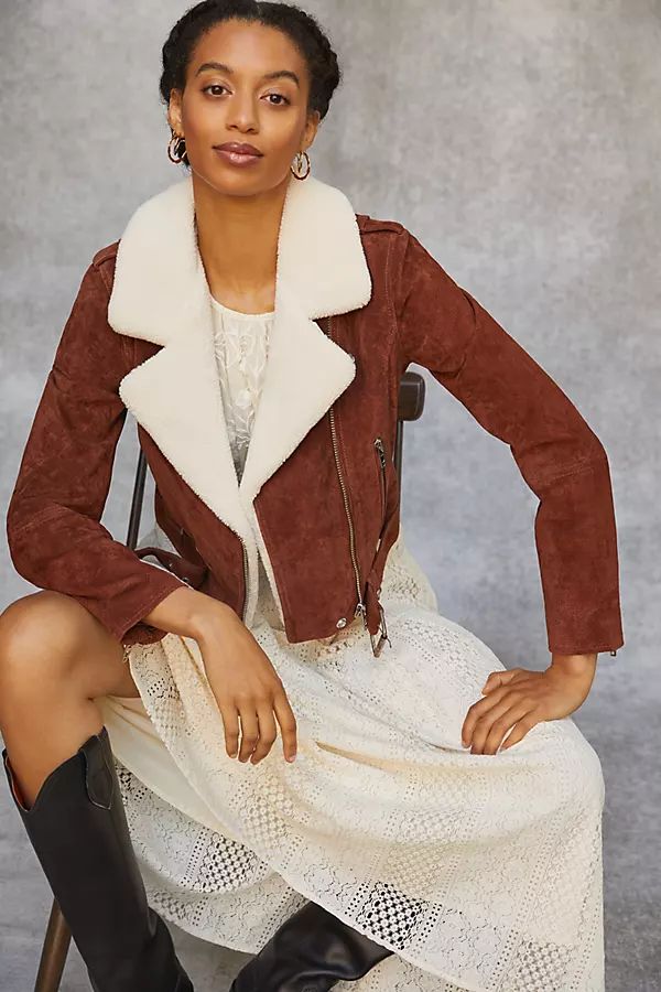 BLANKNYC Sherpa-Trimmed Leather Moto Jacket By BLANKNYC in Brown Size XS | Anthropologie (US)