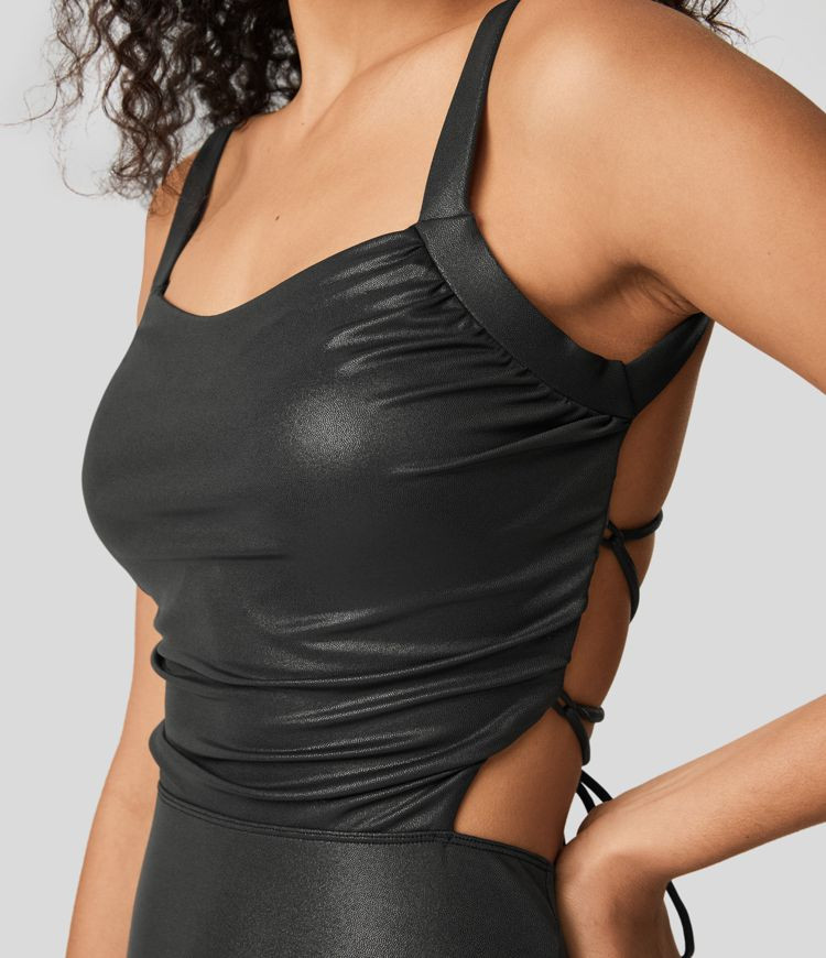 Women’s Softlyzero™ Faux Leather Backless Crisscross Lace Up Ruched Split Hem Foil Print Stre... | HALARA