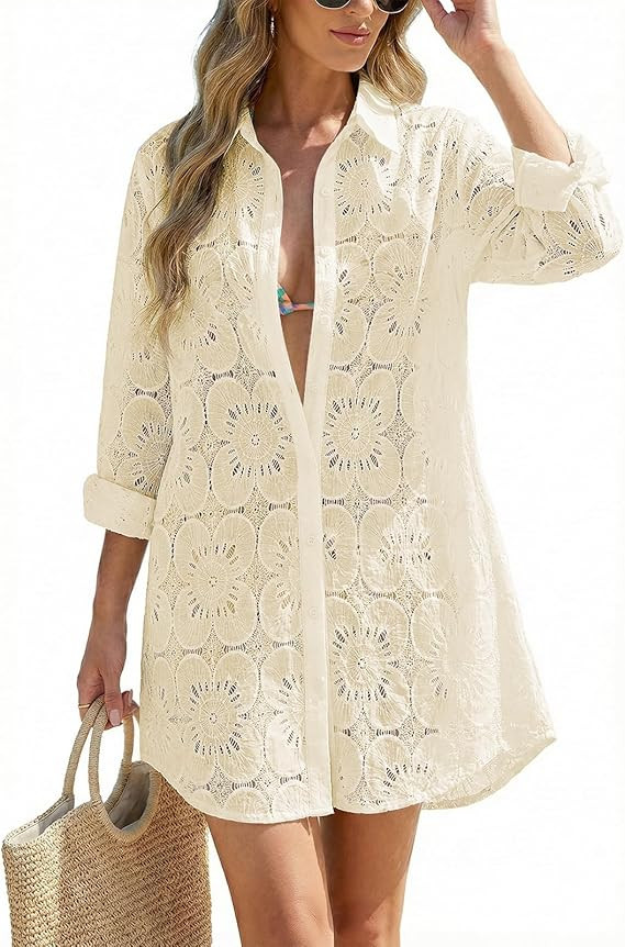Women Swimsuit Coverup Blouse Eyelet Bathing Suit Cover Up Button Down Shirtdress Long Sleeve Bea... | Amazon (US)