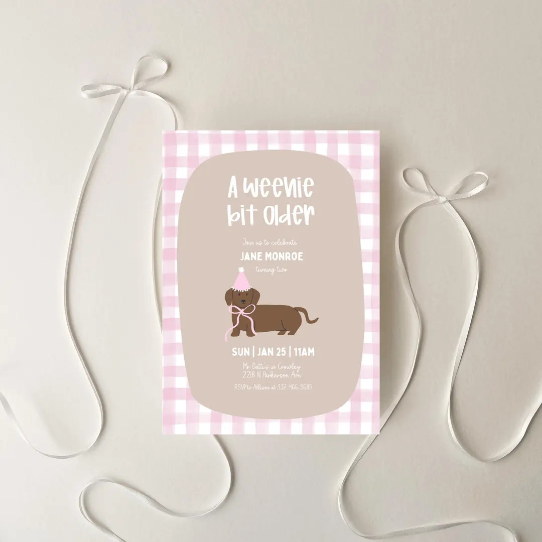 A Weenie Bit Older Birthday Invitation | Dachshund Birthday Invite | Pink Gingham Puppy Party | E... | Etsy (US)