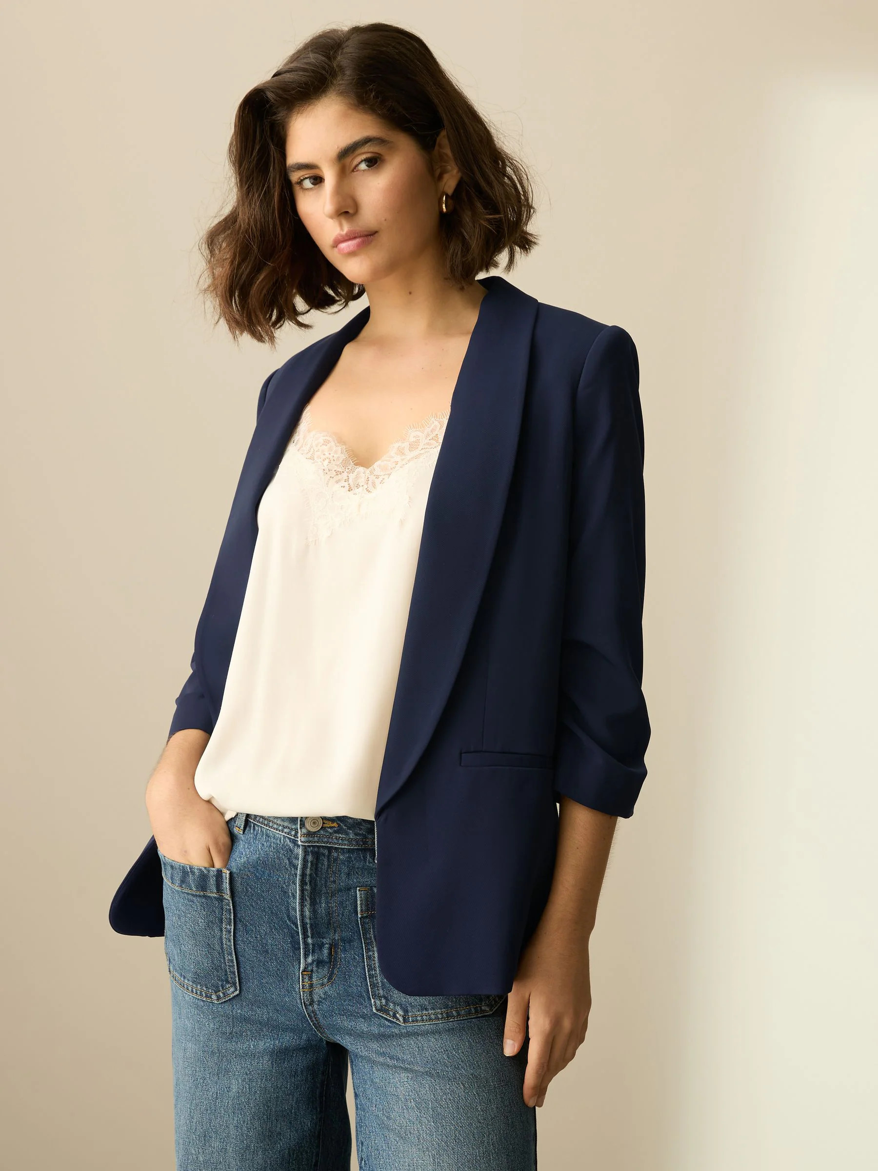 Buy Navy Relaxed Ruched Sleeve Blazer from Next Ireland | Next EU