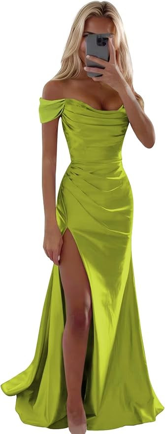 Off Shoulder Satin Prom Dresses with Slit Long Mermaid Formal Bridesmaid Dresses with Straps | Amazon (US)