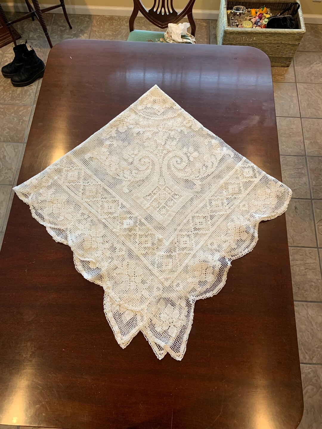 1940’s Cotton Ecru Handmade Crochet Cotton Filet Lace Tablecloth/scalloped Edges - Etsy | Etsy (US)