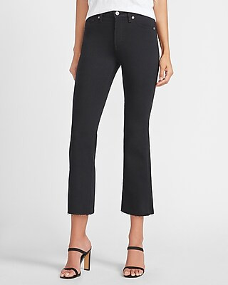 Mid Rise Black Raw Hem Cropped Flare Jeans | Express