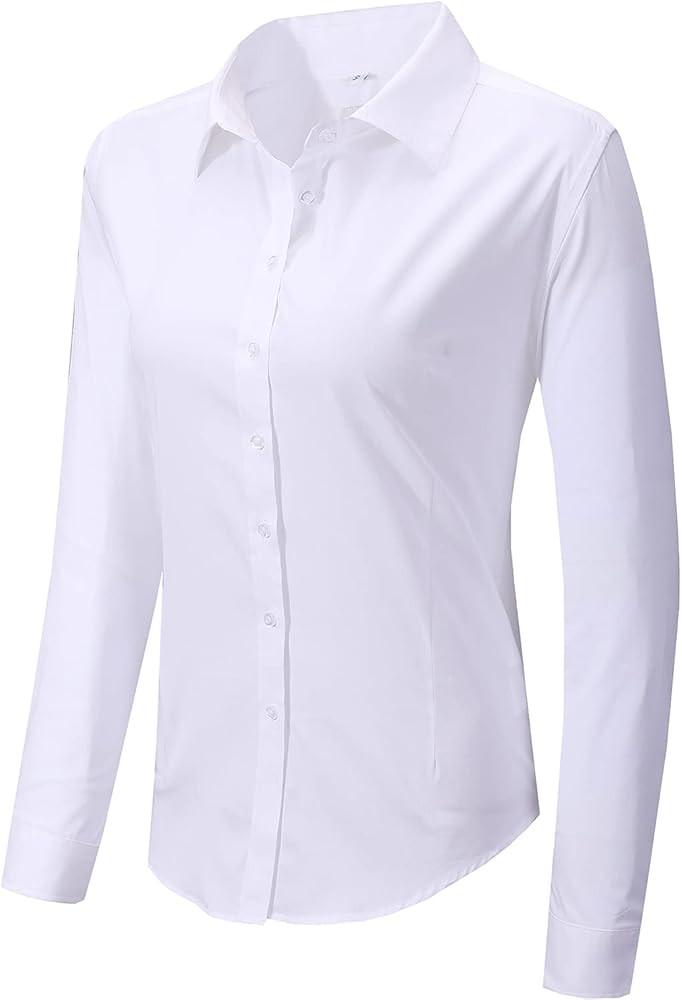 Women's Slim-Fit Button Down Shirts Stretchy Cotton Long Sleeve Work Blouse | Amazon (US)