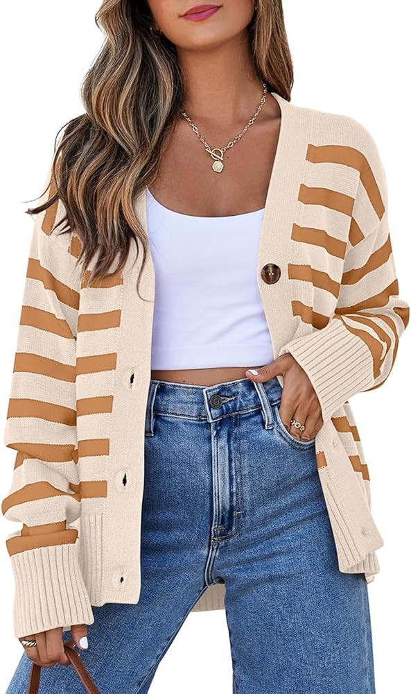 EVALESS Womens Striped Cardigan Sweaters Long Sleeve V Neck Lightweight Open Front Button Down Kn... | Amazon (US)