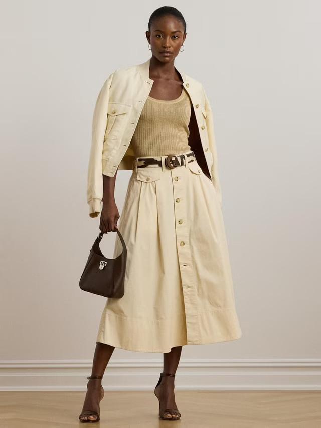 Lauren Ralph Lauren Gilchrist Button Midi Skirt, Ivory Beige | John Lewis (UK)
