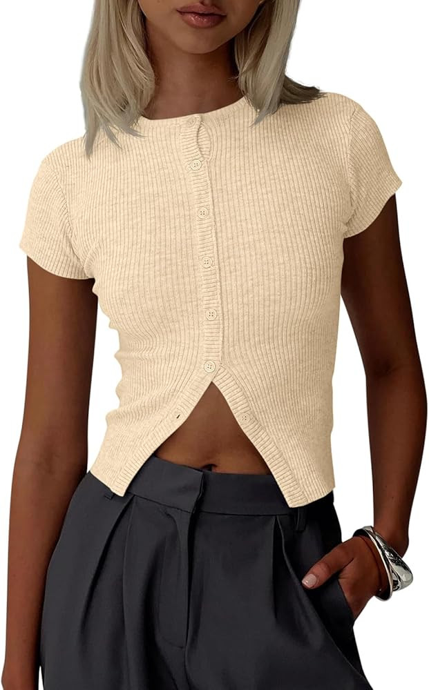 Imily Bela Womens Short Sleeve Sweater Tops Summer Button Down Casual Ribbed Knit Slim Fit Croppe... | Amazon (US)