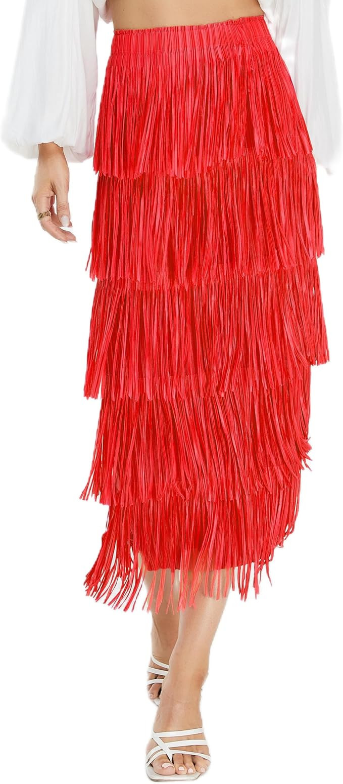Kisidoo Women's Fringe Trim High Waist Short Pencil Bodycon Skirts, Sexy Elegant Fringe Long Maxi... | Amazon (US)