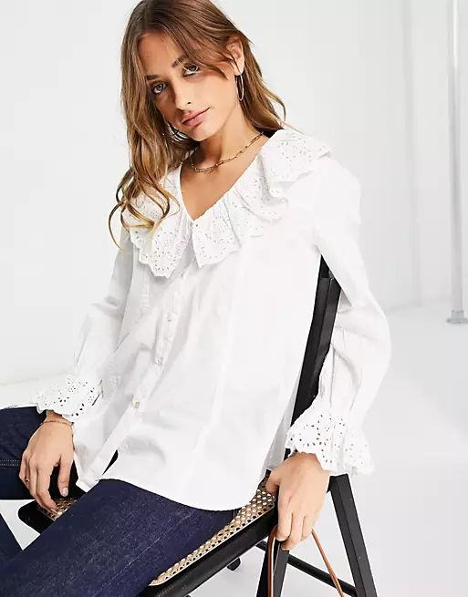 French Connection Ena ruffle shirt with embroidered details in white | ASOS | ASOS (Global)