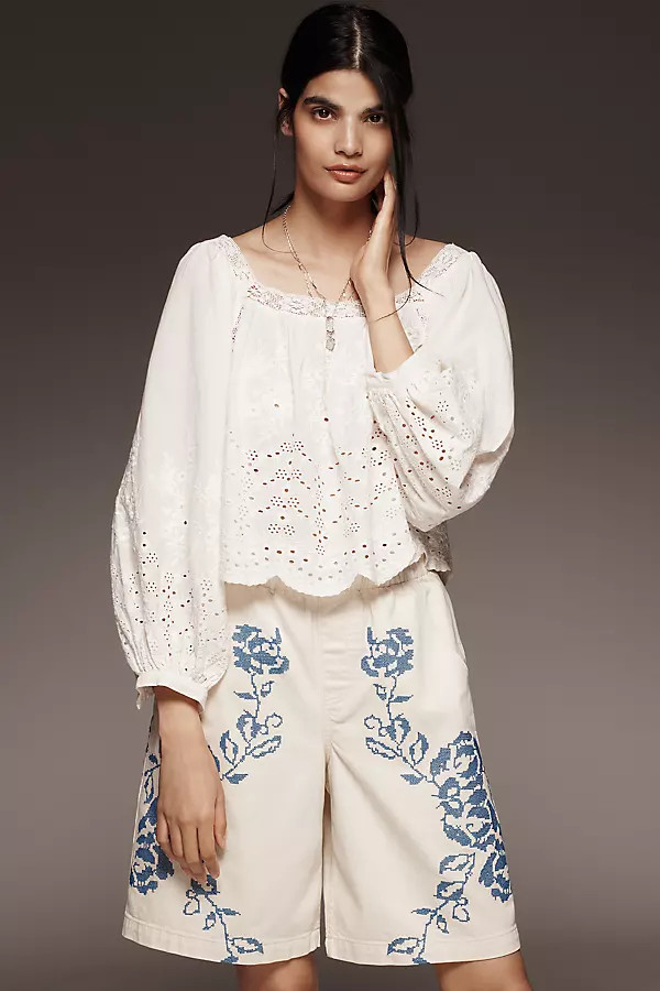 Mille Maureen Long-Sleeve Square-Neck Eyelet Blouse | Anthropologie (US)