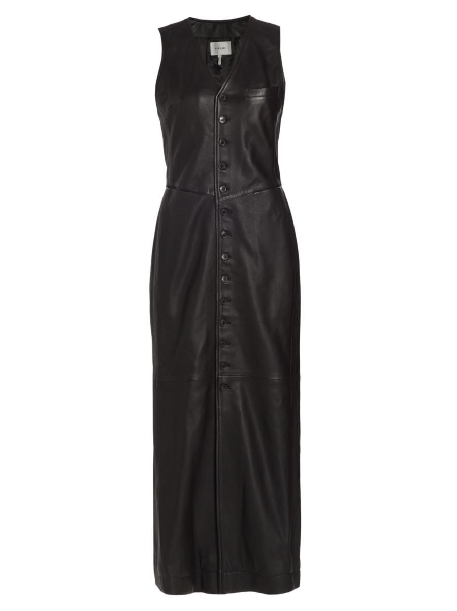 Shop Frame Sleeveless Leather Button-Front Midi-Dress | Saks Fifth Avenue | Saks Fifth Avenue